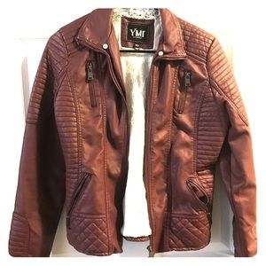 Burgundy Faux Leather/Fur-Lined Moto Jacket